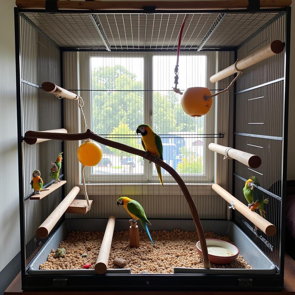 Setting up a cage for an African Grey parrot.