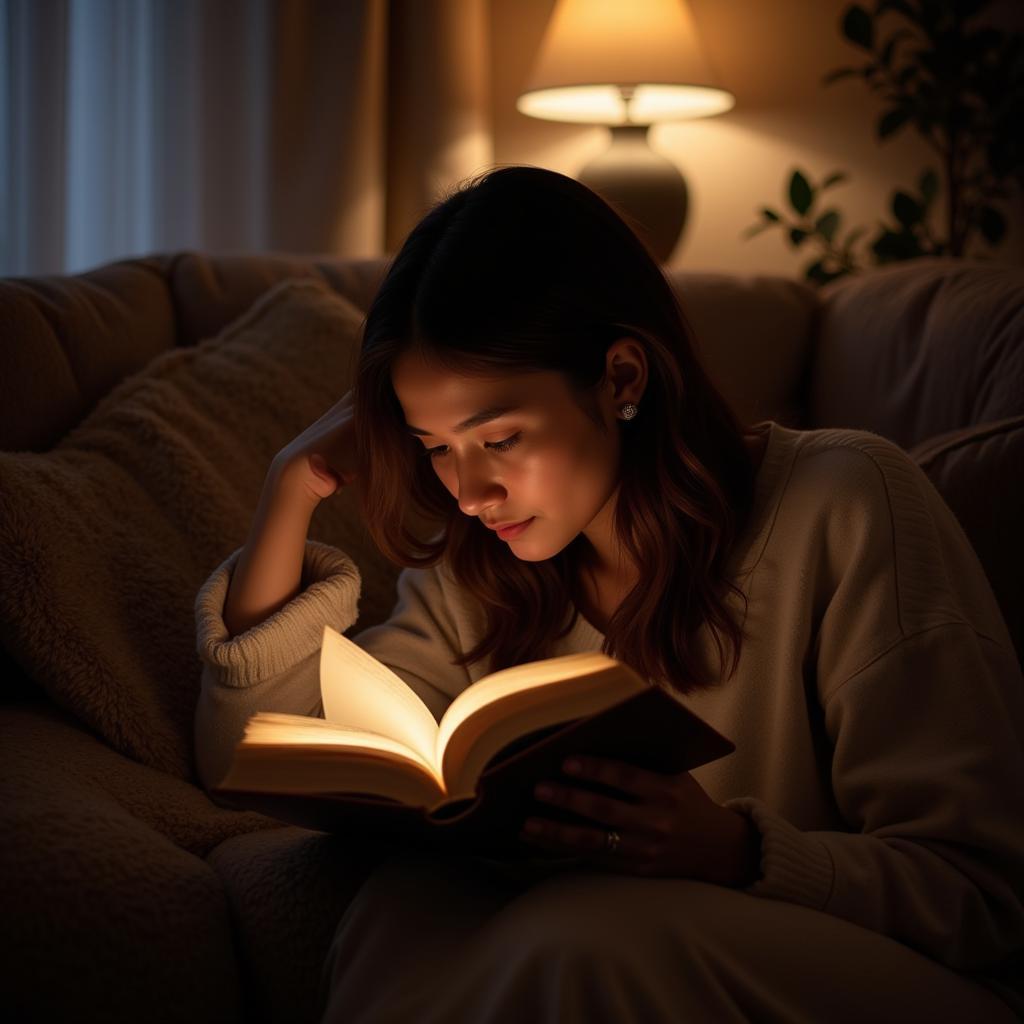 A person comfortably reading a book in a relaxed setting.