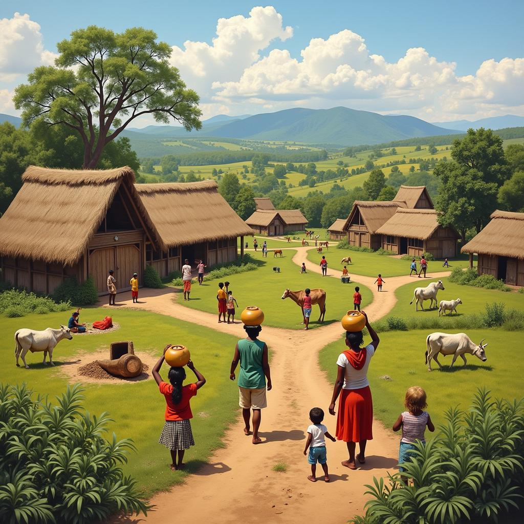 A vibrant rural African village scene showcasing traditional homes, communal activities, and agricultural practices.