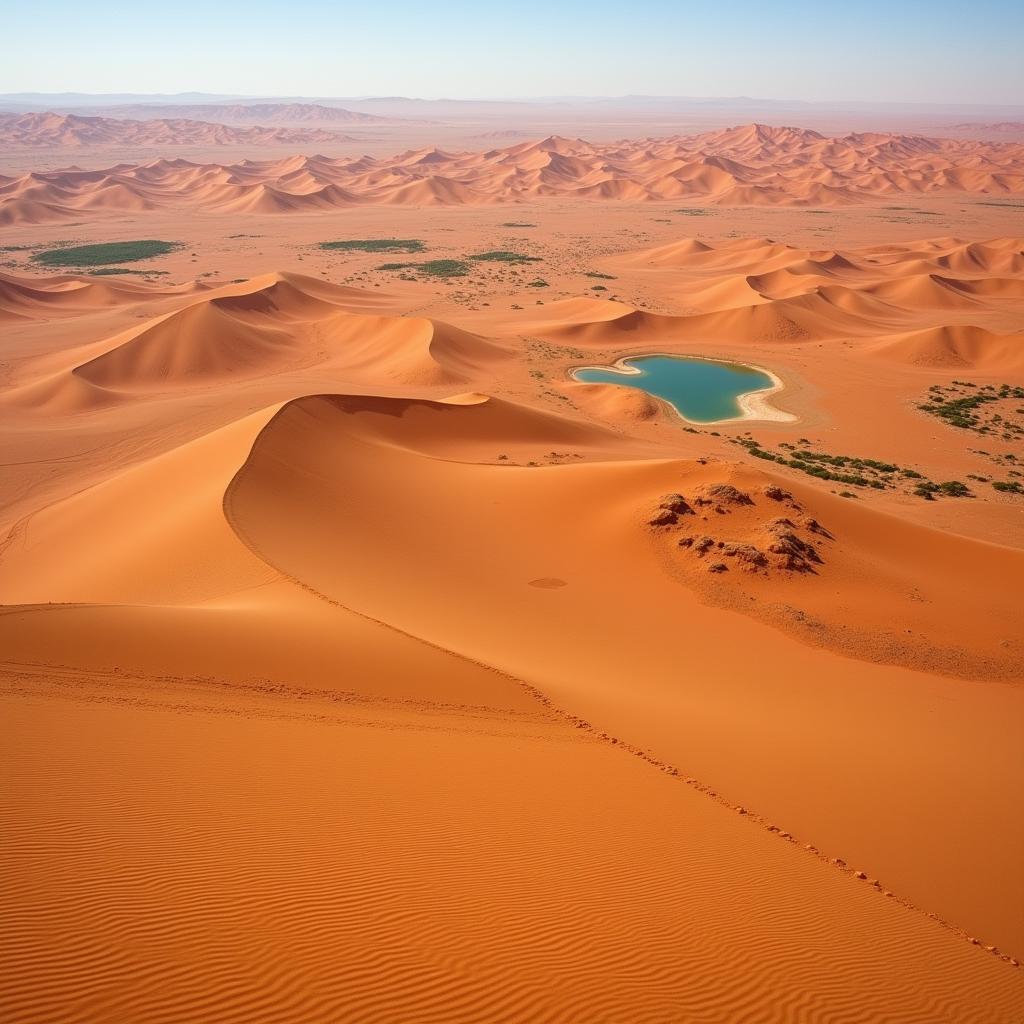 Vast Sahara Desert Landscape with Sand Dunes and Oasis