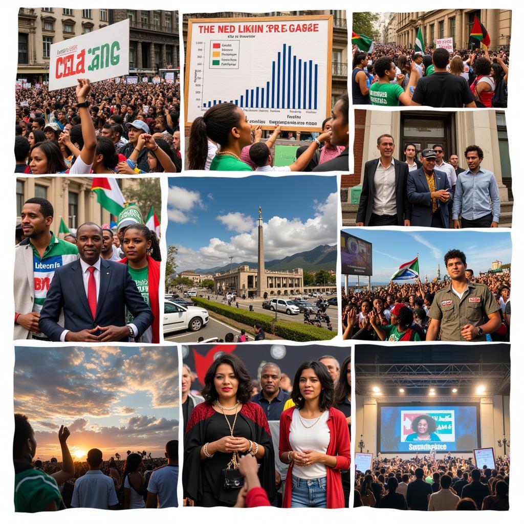 South African News Update: A collage of images showcasing recent events in South Africa, including political gatherings, economic forums, social protests, and cultural festivals.