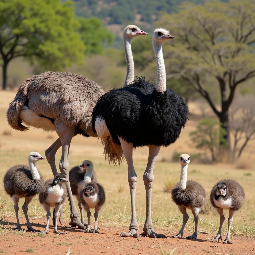 A family group of South African ostriches in their natural habitat