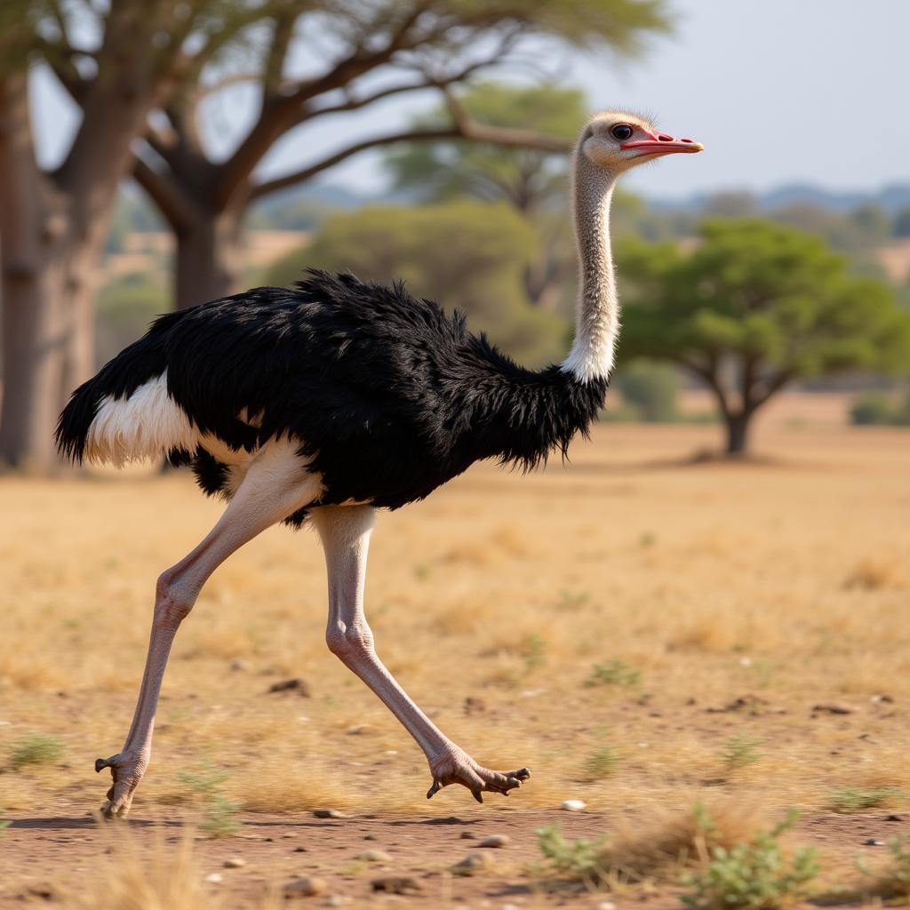 South African ostrich running in the savanna at full speed