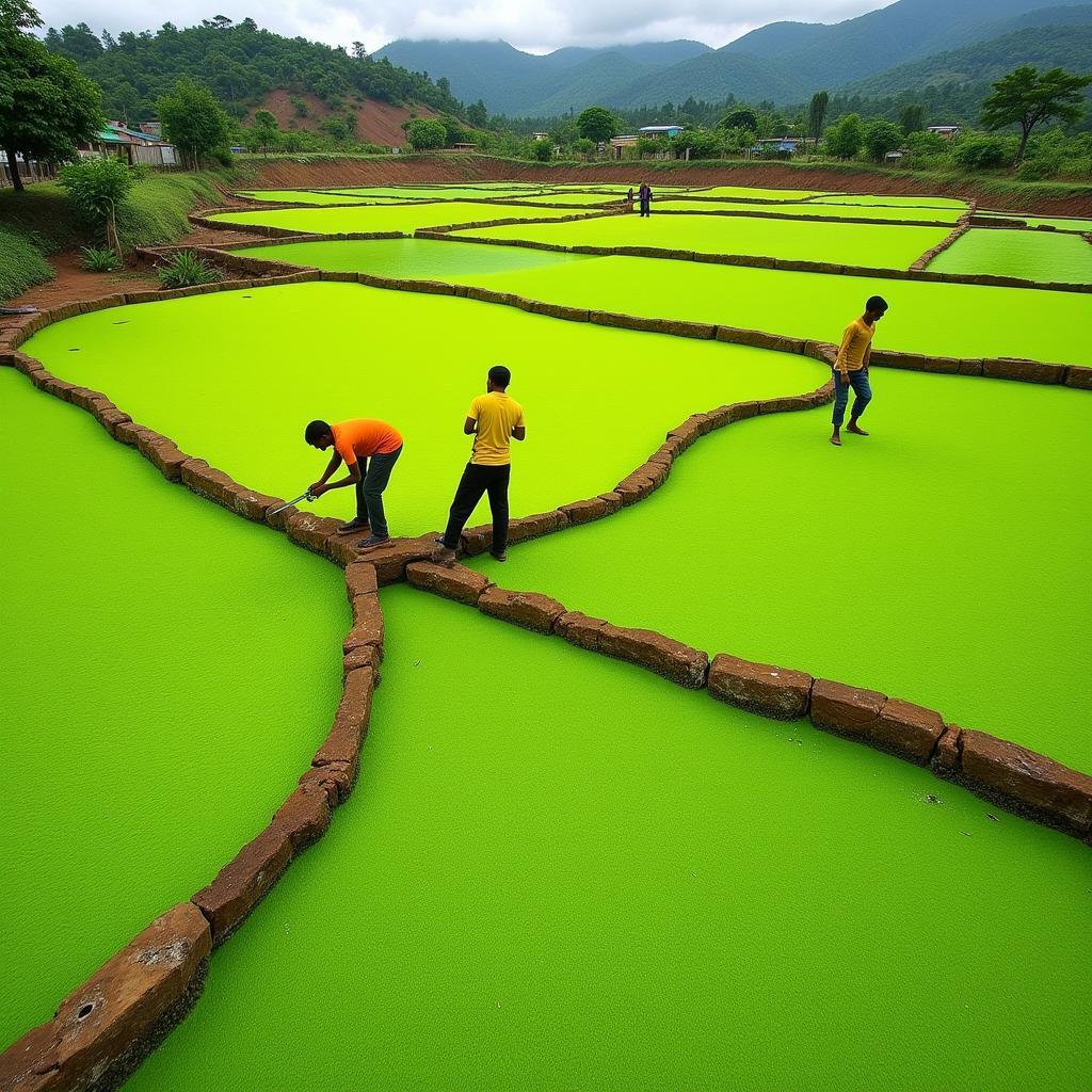 Spirulina farm in East Africa showing the cultivation process.