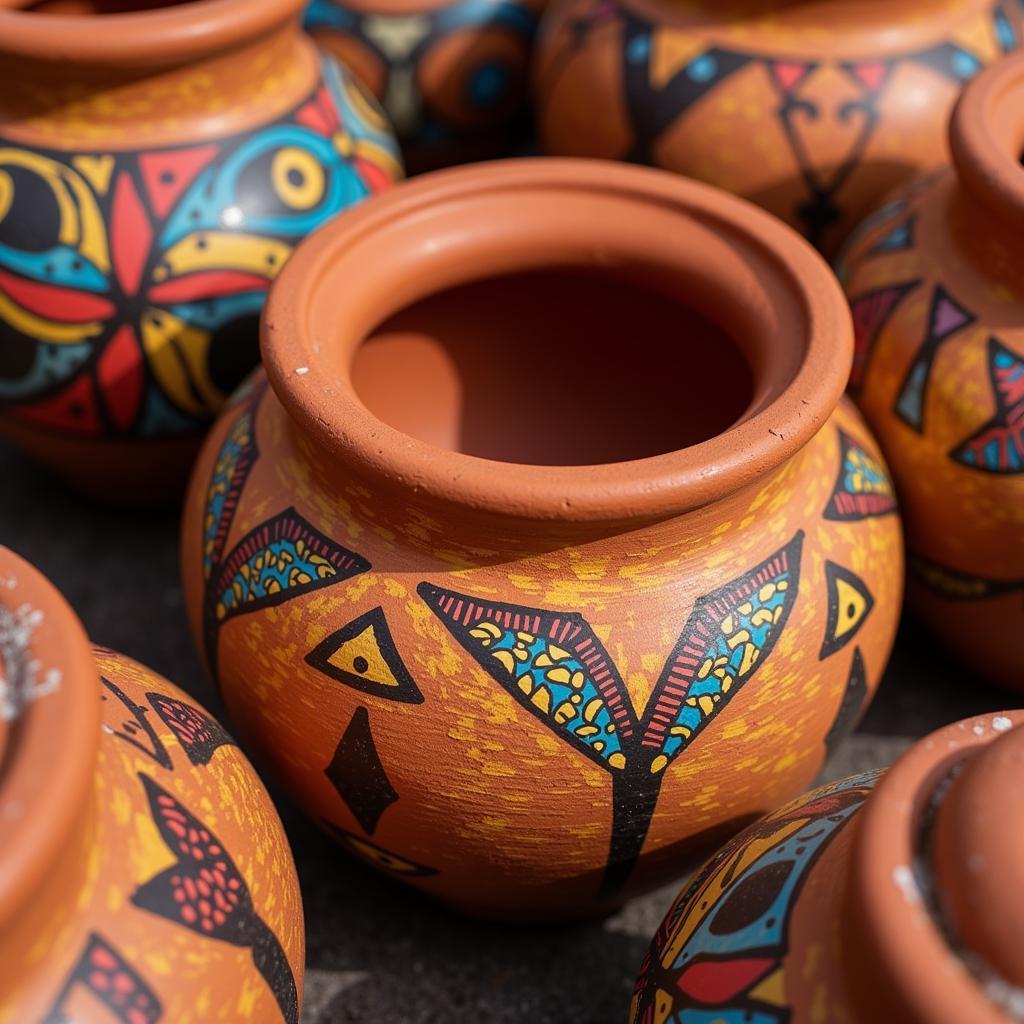 Terracotta African flower pots with geometric patterns