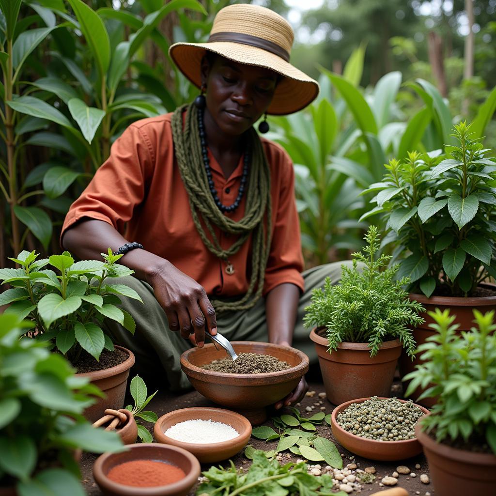 Traditional African Healer Preparing Herbal Remedies