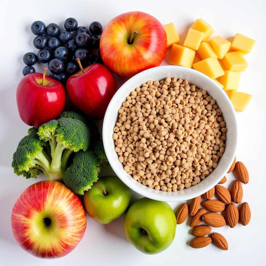 A diverse spread of healthy food options for African Grey parrots, including pellets, fruits, vegetables, and nuts.