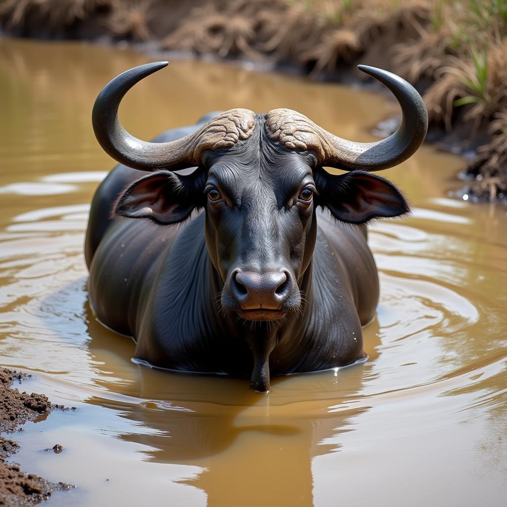 Water Buffalo Wallowing in Mud