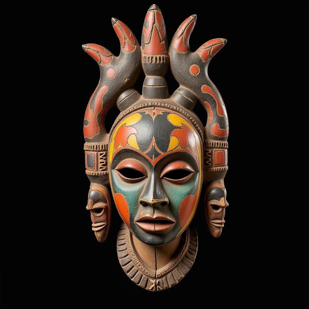 Vibrant West African ceremonial mask carved from thin wood, depicting a stylized face with intricate details.