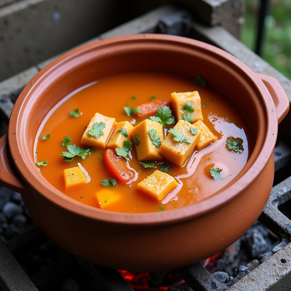 West African fish stew cooking in a clay pot