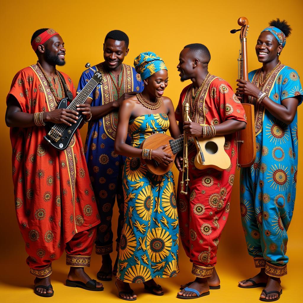 Vibrant West African music performance with colorful costumes