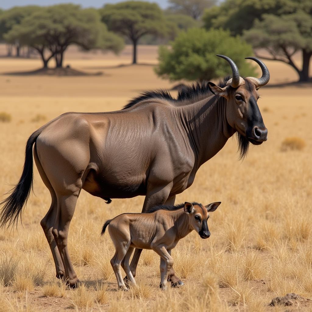 Wildebeest Calf Taking Its First Steps