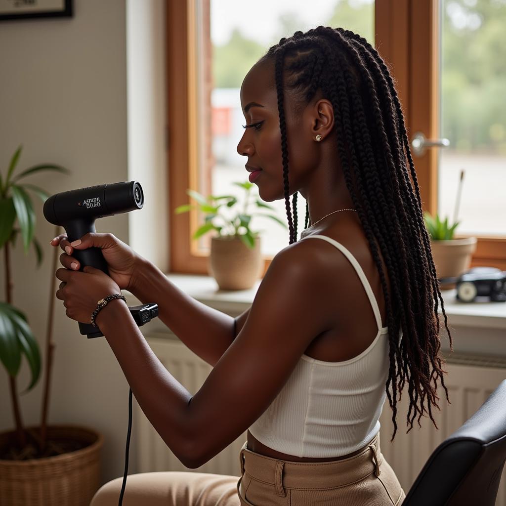 Woman Using an African Hair Braiding Machine at Home