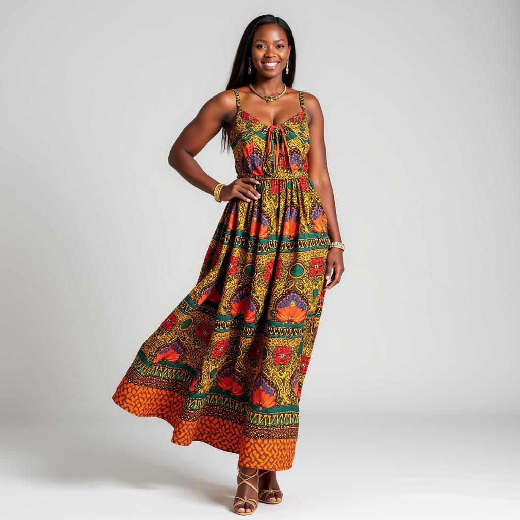 A woman wearing a stylish African print dress