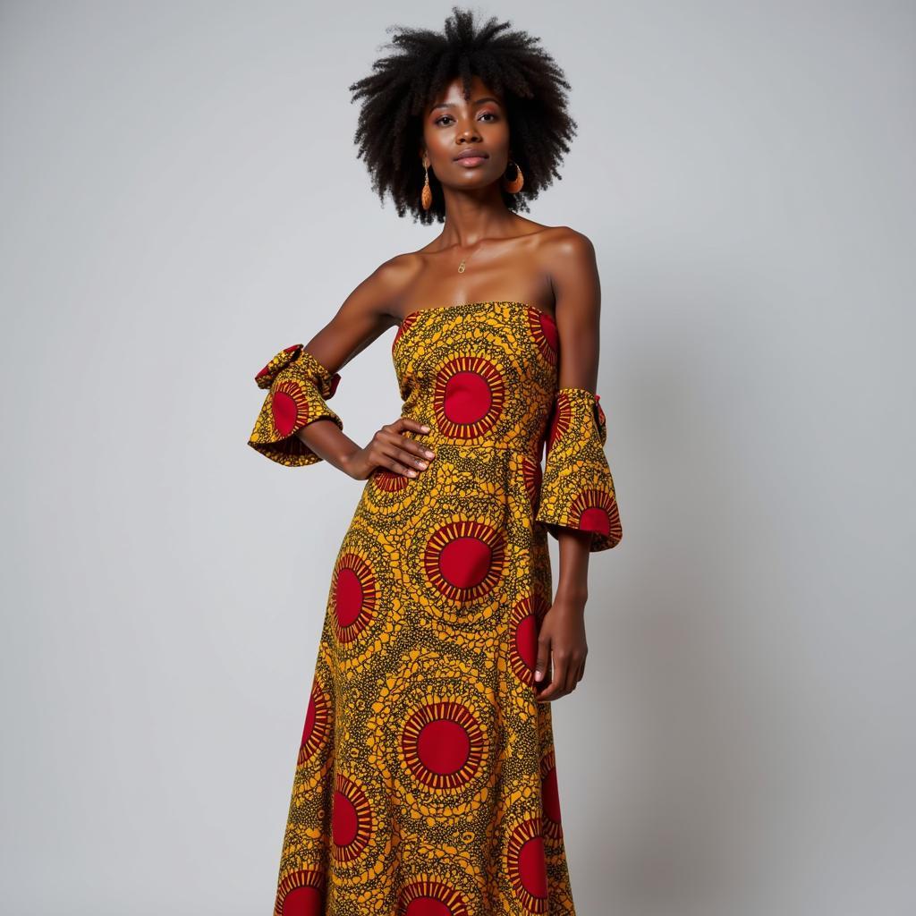 A Woman Wearing a Vibrant African Print Dress