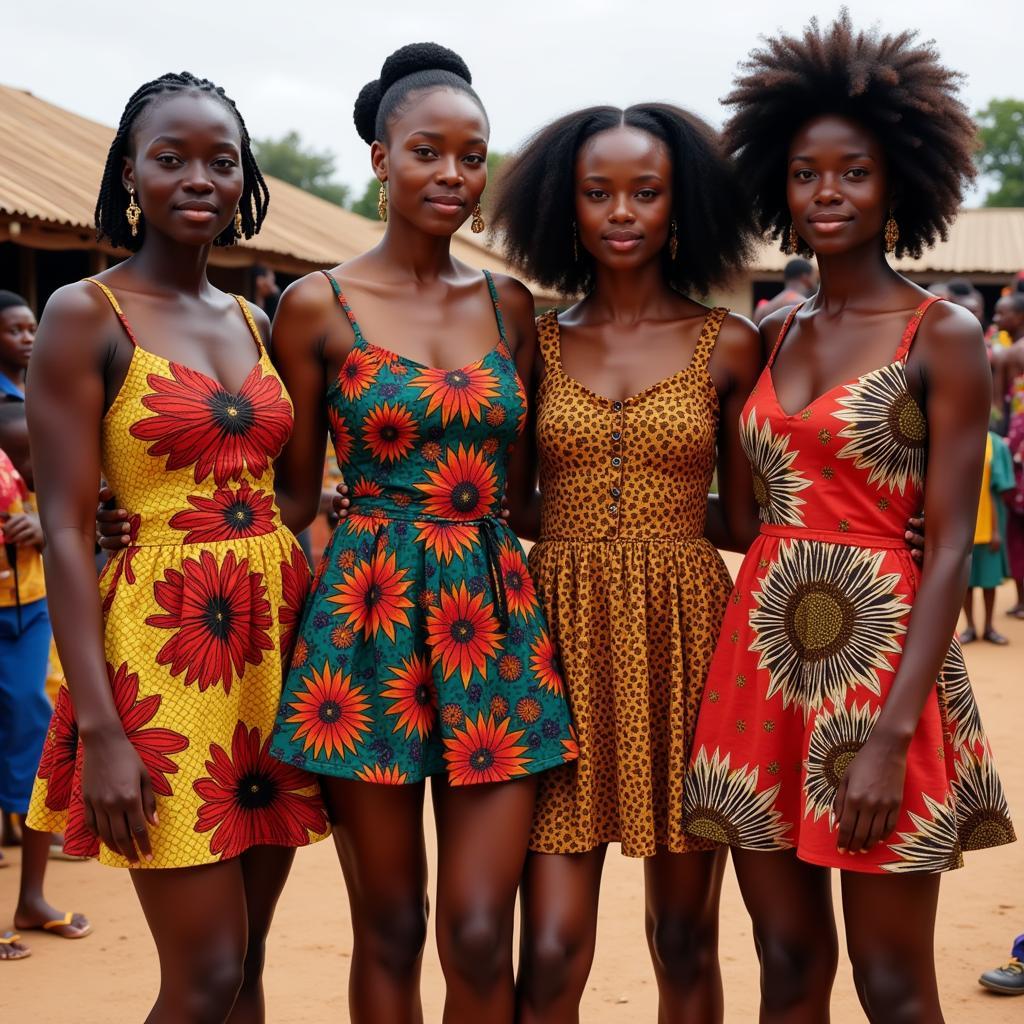 Women confidently showcasing African kitenge short dresses.