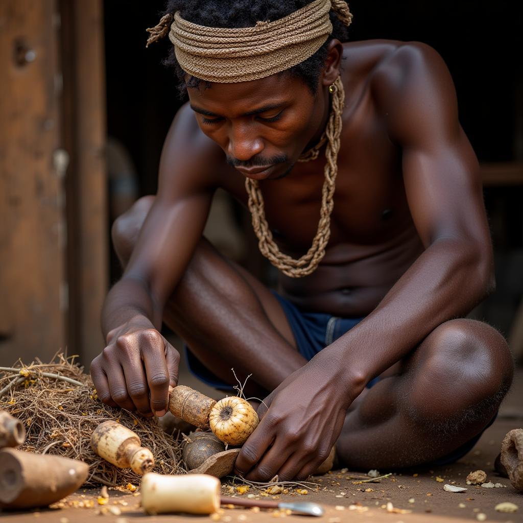 A Xhosa shaman preparing African dream root for a traditional ceremony.