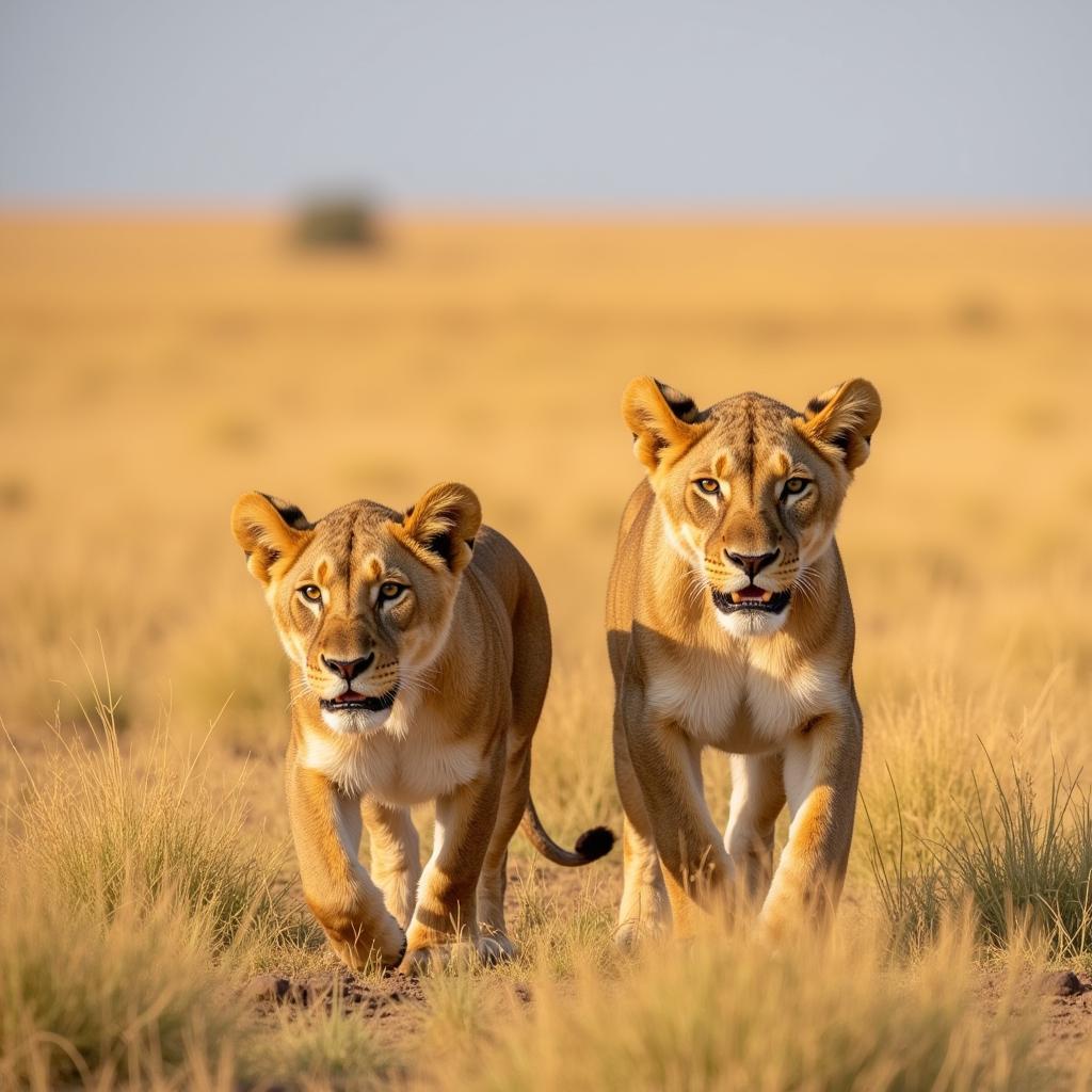 Two young male African lions walking across the savannah during their nomadic phase.